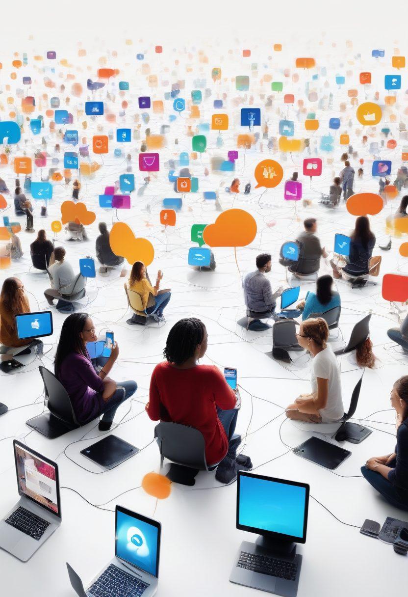A vibrant digital landscape showcasing diverse community members engaging through various tech platforms, such as smartphones and computers, symbolizing connection and interaction. Include visual elements like social media icons, chat bubbles, and virtual meeting spaces, radiating warmth and collaboration. The overall atmosphere should depict enthusiasm and innovation, with lively colors and an inviting setting. super-realistic. vibrant colors. white background.