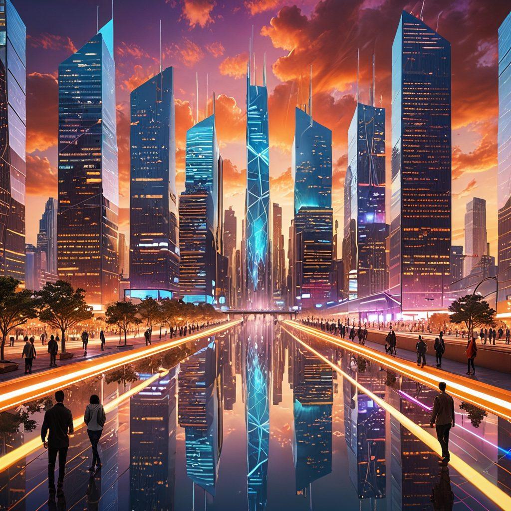 A futuristic cityscape depicting advanced digital networking with glowing connections between skyscrapers, diverse people collaborating through holographic devices, and vibrant lights illustrating data flow. Include elements of community interaction and technology integration, all under a sunset sky for dramatic effect. super-realistic. vibrant colors. 3D.