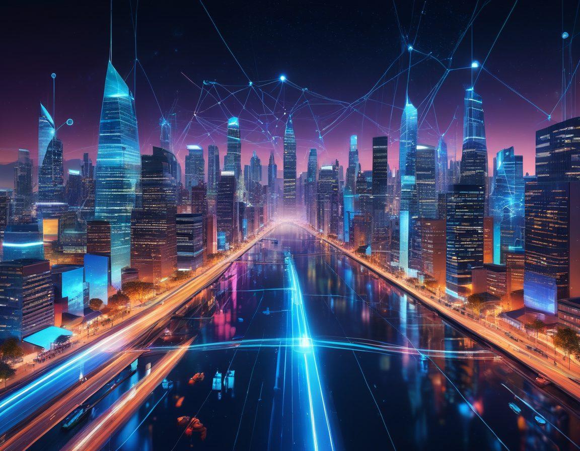 A futuristic digital landscape featuring interconnected virtual nodes, representing online networking solutions for residential members. Include diverse people engaging with technology in a collaborative environment, such as virtual meetings and tech gadgets. The background should depict vibrant cityscapes illuminated by data streams and glowing interfaces, symbolizing technology trends. modern style, vibrant colors, 3D.